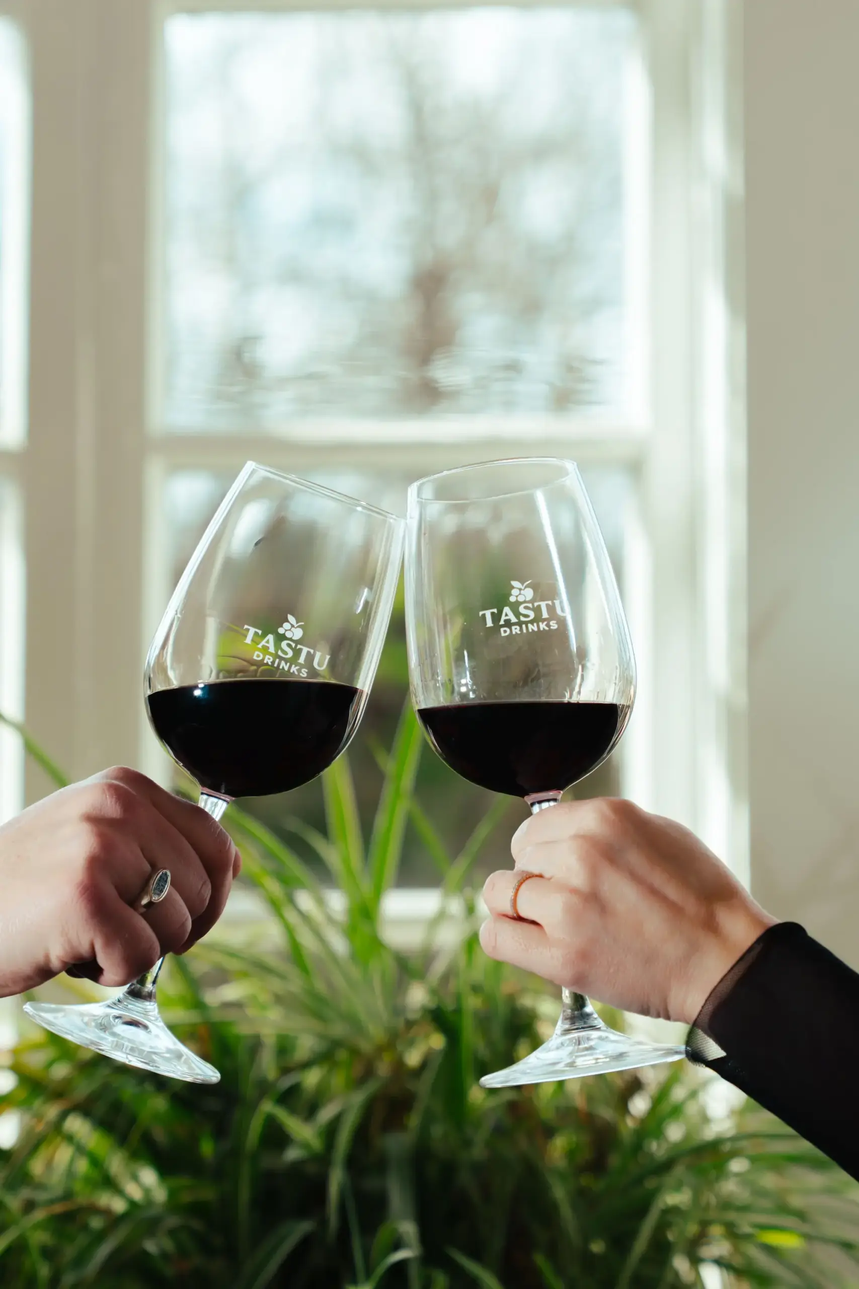 Tastu Drinks - Estaciones de Vino y Sidra Dos personas brindando con copas de vino tinto de Tastu Drink frente a una ventana luminosa.